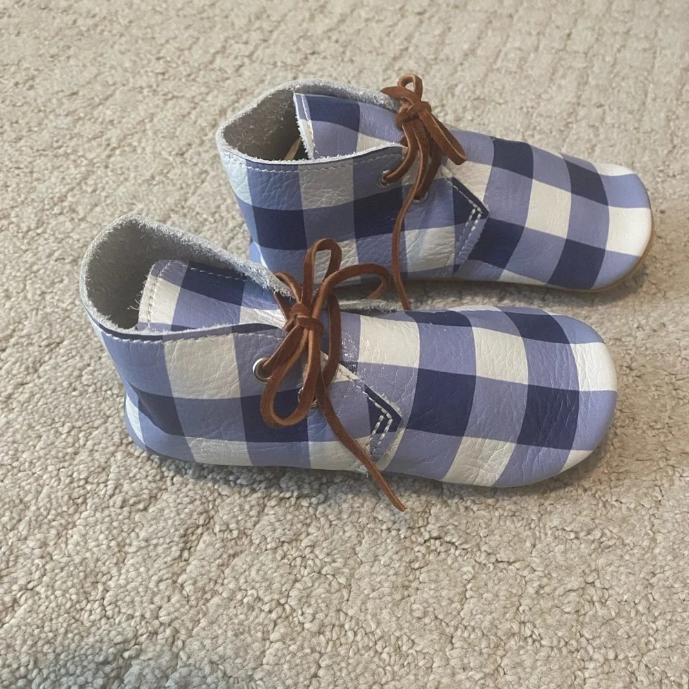 NEW Mon Petit Leather Blue White Checkered Shoes Size 8 Real Leather